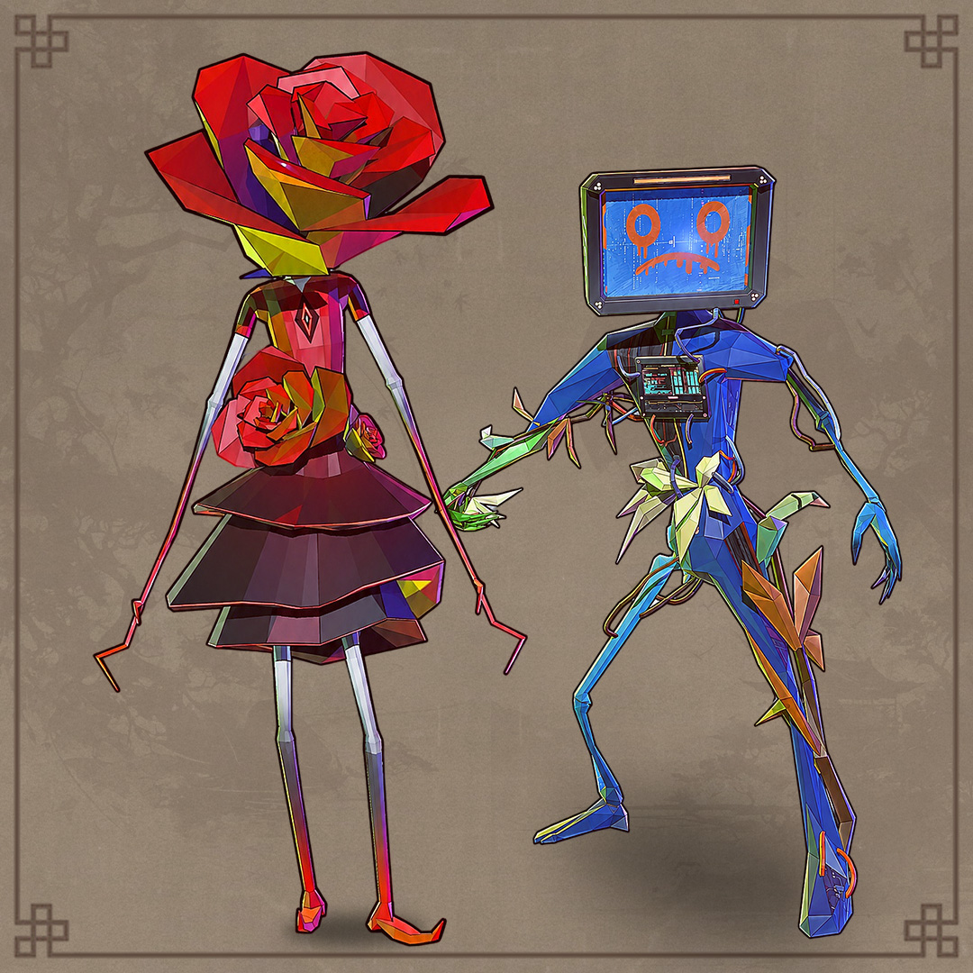 Two Xiangling transformed by the Catastrophe, manifesting rose and computer Forms